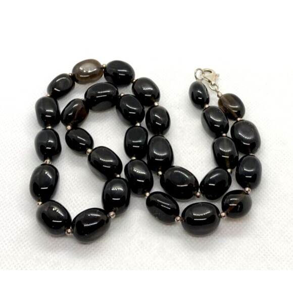 Brown Polished Smoky Quartz Beaded 24'' Necklace Sterling 925 Silver Clasp 130g - Picture 1 of 8